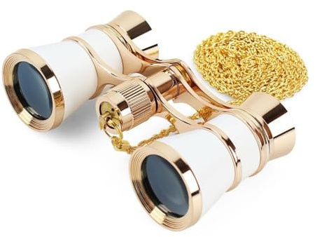 ANGEEK 3 x 25 Classic Foldable Opera Glasses Binoculars Metal Body with Chain Optical Lens Theater Telescope Retro Design Women Girls Gifts(White)