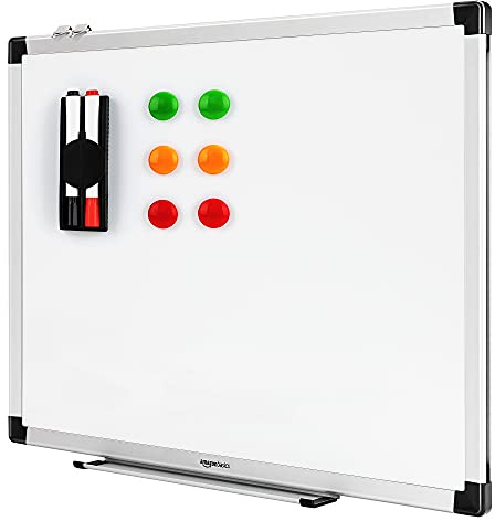 Amazon Basics Magnet-Whiteboard mit Stifthalter, trocken abwischbar, Aluminiumrahmen, magnetische Pinnwand, Wandmontage, für Zuhause, Büro, Schule, 60cm x 45cm