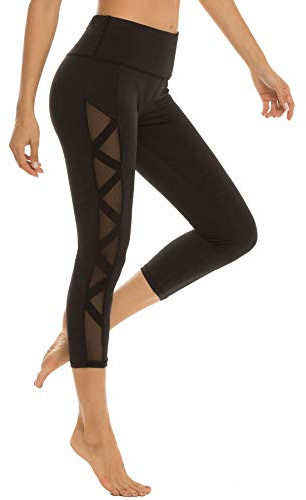 romansong Damen Mesh Leggings Yoga Hose mit Tasche, Nicht durchsichtig, Capri hohe Taille Bauchkontrolle 4-Wege-Stretch