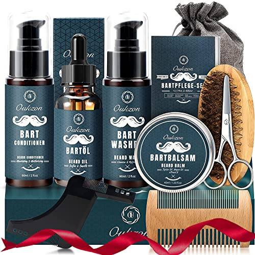 Bartpflege Set für Männer, Oukzon Hochwertig Bart Geschenke für Männer - 60ML Bartshampoo, 60ML Bart Conditioner, Bartöl, Bartbalsam, Bartkamm,Bartbürste, Bartschere, Bartschablonen, Reisetasch