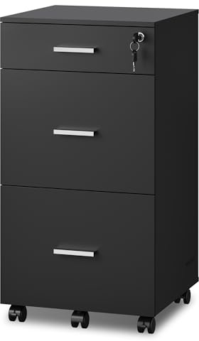 DEVAISE Rollcontainer mit 3 Schubladen, Mobiler Aktenschrank mit Rollen, Druckertisch für DIN A4/Legal/Letter, Schreibtisch Unterschrank für Büro und Home Office, Schwarz