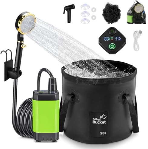 Anesty Tragbare Campingdusche Set, 6000mAh Wiederaufladbar Camping Duschen Pumpe mit Smart-Display, Duschkopf, 20L Falteimer und Zubehör für Outdoor Reisen, Garten, Autowaschen, Haustier