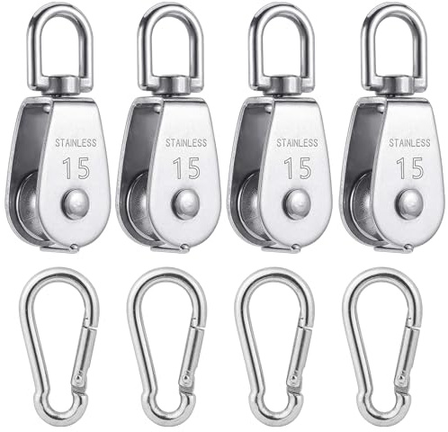 8 Stück Umlenkrollen für Seile Klein, Flaschenzug Set Enthalten 4 Stück Umlenkrolle M15 & 4 Stück Karabiner M4, Edelstahl Seilrolle, Schalen Riemenscheibe für Drahtseile Seile Bis 6.7 mm Durchmesser