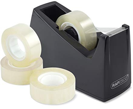 Rapesco 1619 Klebebandspender 300, 25 mm Kern, 4 Klebebandrollen, Schwarz | für 25 mm Rollenhalter