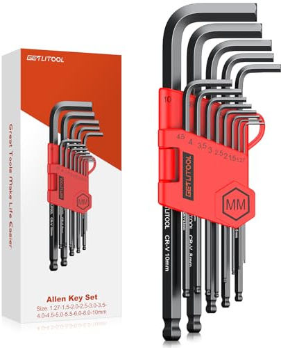 GETLITOOL Innensechskantschlüssel Set 13 tlg 1,27-10 mm Kugelkopf metrisch | Schwarz 13 Größen von 1,27 bis 10 mm, Cr-V-Stahl, Kugelkopf, mit Klapphalter, für Möbel & Fahrrad