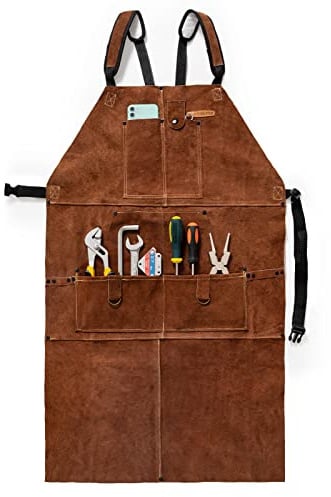 YESWELDER Heavy Duty Rindsleder Schweißerschürze für Herren & Damen | 100 cm Länge, hitze- und flammbeständig, 6 Werkzeugtaschen, stufenlos anpassbar