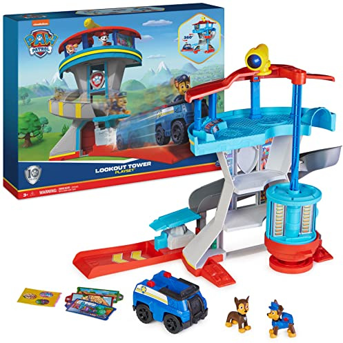 PAW Patrol, Lookout Tower, Hauptquartier Spielset mit 1 Chase Basis Fahrzeug, 2 Chase Figuren und Zubehör, geeignet für Kinder ab 3 Jahren