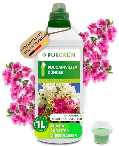 Purgrün® Bougainvillea-Dünger 1 Liter – Organisch-mineralische Rezeptur – Premium-Flüssigdünger mit Spurennährstoffen – NPK 5+7+8 – Mit Guano & Spurennährstoffen – Für leuchtende Blüten