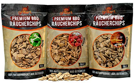 grillart® Premium BBQ Räucherchips XL Mix 3er Set für das besondere Raucharoma – sehr rauchaktives Räucherholz/Holzhackschnitzel – Vorteilspack 3X 750g Beutel
