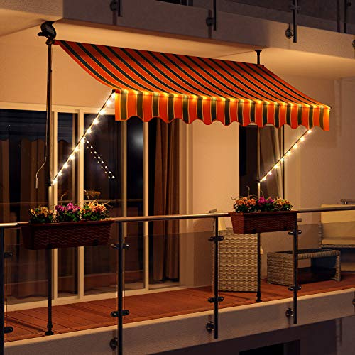 Swing & Harmonie LED - Markise mit Kurbel Klemmmarkise Balkonmarkise mit Beleuchtung und Solarmodul Fallarm Markise Sonnenschutz Terrasse Balkon (350x150, orange/schwarz)
