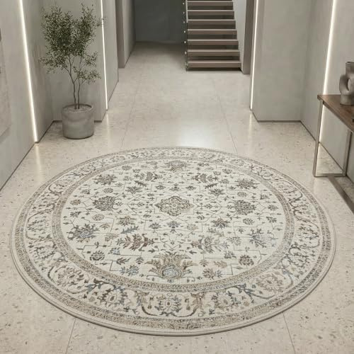 Teppich-Traum Orientteppich Pflanzenornamente Creme Ø 200 cm | Pflegeleicht, schmutzabweisend, strapazierfähig, allergikerfreundlich, fußbodenheizungsgeeignet, OEKO-TEX geprüft, 8 mm Flor
