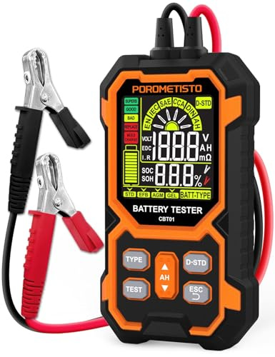 POROMETISTO Batterietester kfz CBT01,12V 24V Autobatterie Tester 50-1999 CCA,Autobatterietester für Spannung,Innenwiderstand,CCA,SOC,SOH,Unterstützt die Normen EN, IEC, SAE, DIN,CCA und AH.