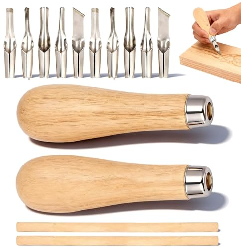 2er-Set Linoleumschneider-Set, Linoleum-Schnitzwerkzeuge für den Blockdruck, Linolschnitt Werkzeug inklusive 10 Schneidköpfen,2 Griffen und 2 Stempelschnitzwerkzeugen aus Holz Holz-Schnitzwerkzeug Set