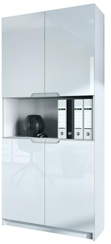 Vladon Büroschrank Logan V2, Made in Germany, Aktenschrank mit 5 Fächern und 4 Türen, Weiß matt/Weiß Hochglanz (82 x 184 x 37 cm)