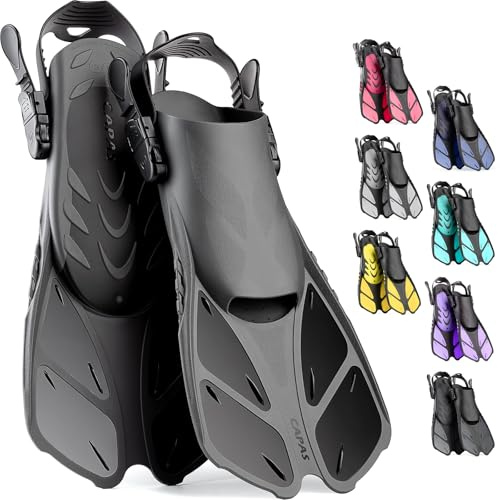 CAPAS Schnorchelflossen, Schwimmflossen Reisegröße Kurz Einstellbar zum Schnorcheln Tauchen Erwachsene Männer Frauen Kinder Offene Ferse Tauchflossen (Schwarz, L/XL)