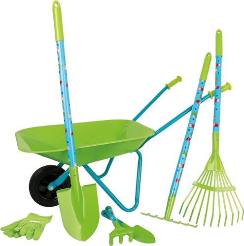 small foot Großes Garten Spiel Set 8-teilig aus Holz & Metall – Schubkarre, Spaten, Harke & Gartenspielgeräte – Nachhaltiges Outdoor Gartenspielzeug für Kinder ab 3 Jahren, 12014