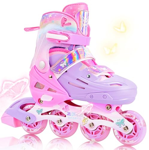 2PM SPORTS Mädchen-Inline-Skates Verstellbarer Größe, Kinder-Rollschuhe für Anfänger 4-14 Jahre, Outdoor-Skates Größe 11C + 1-8, Rosa Schmetterling