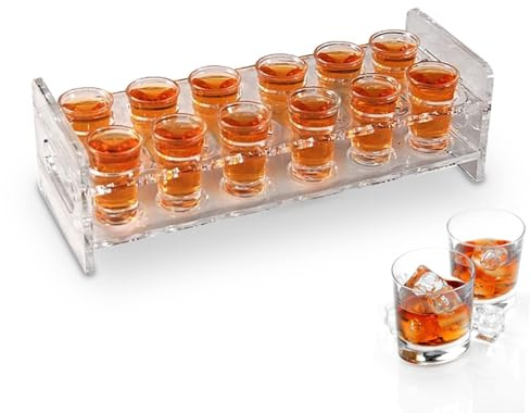 HERCHR Schnapsbrett Holz Für 12 Schnapsgläser, Schnapsgläser Servierbrett, Schnapsbank Cocktailhalter, Transparentes Kristallschnapsglas Mit Tablett, Servierbrett, Organizer Für Likörschnaps, Whisky