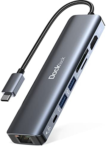 USB C Hub Dockteck 7-in-1 Dock DD0003 USB C Adapter, Ethernet LAN RJ45, 4K 60Hz HDMI, 100W Power Delivery, 2 USB 3.0 Ports und SD/microSD für iPhone 15 Pro MacBook M1, iPad Pro, Surface Pro und Mehr