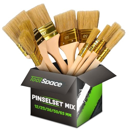 ToolSpace - Pinselset - 12/25/36/50/63 mm - Flachpinsel in verschiedenen Größen zum Streichen - Komplettset für Heim- und Profimaler, Naturborstenpinsel für DIY, Wand- und Möbelmalerei, MalerpinselSet