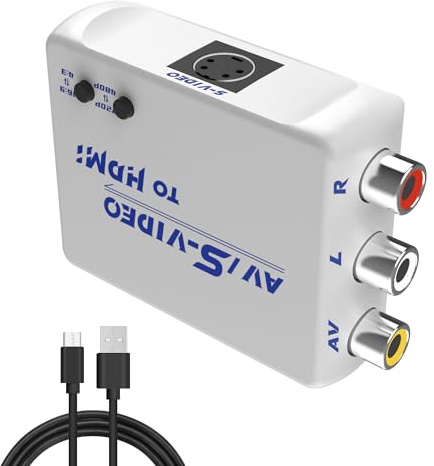 FeiEVER RCA AV zu HDMI Konverter | S-Video zu HDMI Konverter | Composite CVBS Audio-Video-Adapter | Unterstützt PAL/NTSC | für VCR/VHS/Xbox/PS1/PS2/STB/N64/SS/TV/PC/Blue-Ray DVD-Player (Weiß)
