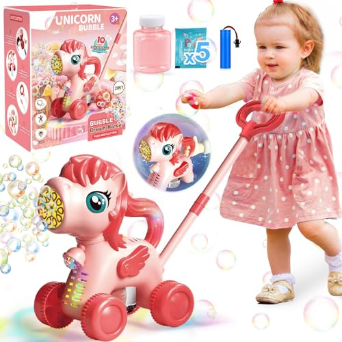 Chridark Spielzeug für 3-8 Jahre: Einhorn Seifenblasen Rasenmäher für Mädchen und Jungen - Outdoor Garten Seifenblasenmaschine und Kinderrasenmäher