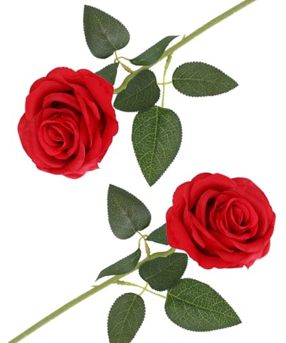 arrderly Rote künstliche Rosen, künstliche Rosen mit Stiel, realistische dekorative Blumen für Hochzeit, Haus, Garten, Geburtstagsparty, Dekoration, Rot, 2 Stück