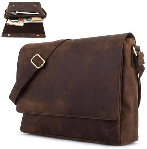 LEABAGS Oxford Laptoptasche Leder Herren Damen 15 Zoll – Messenger Bag Echtleder – Arbeitstasche Umhängetasche 38x31x10 cm