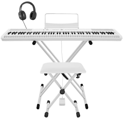 SDP-2 Stage-Piano von Gear4music mit Ständer Pedal und Kopfhörer weiß | Digitalpiano mit 88 gewichteten Tasten, integrierte Stereolautsprecher und Kopfhörerausgang, RCA und USB-MIDI