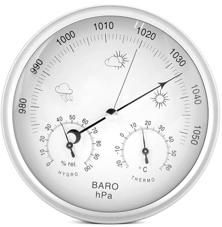 QWORK® 3in1 Wetterstation Analog Ø14 cm, Baro-/Thermo-/Hygrometer mit Edelstahl Gehäuse, Kein Batteriebedarf