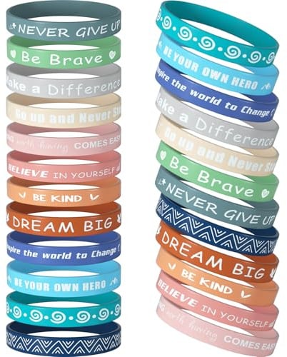 CHRORINE 24 Stück motivierende Silikonarmbänder mit inspirierenden Zitaten, Unisex, für Schule, Büro, Zuhause, Partys, Geschenke, 12 Designs (Frische Farbe)