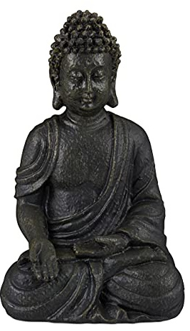 Relaxdays Buddha Figur sitzend 18cm, Dekofigur für Wohnzimmer und Bad, feuchtigkeitsresistent, Kunststein, dunkelgrau
