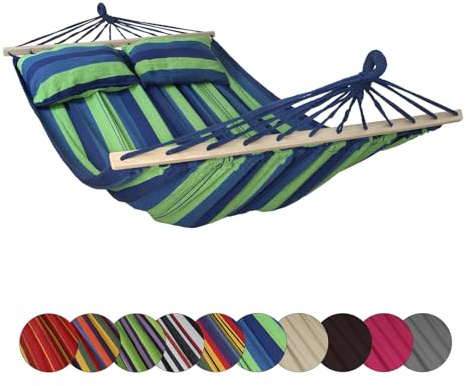 BB Sport Stabhängematte 240 x 150 cm 2 Kissen 300 kg 2 Personen Mauritius | Garten, Balkon, Terrasse, Liegefläche, Reise, Entspannung, Sommer, Lesen, Schaukeln, Camping