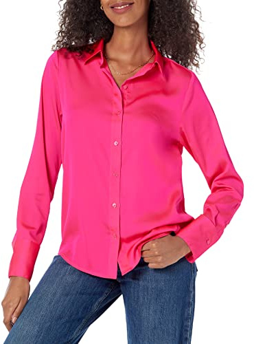 Amazon Essentials Damen Regular-Fit Satinhemd Knopfleiste (In Übergröße Erhältlich), Neonrosa, S