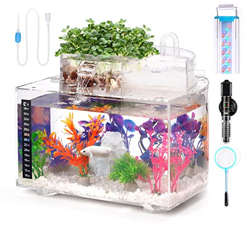 Kampffisch Aquarium Klein Komplettset, 10 L Aquarium Set Komplett mit LED- Beleuchtung, Filter, Heizung, Dekorationen und Zubehör – ideal für Hydrokultur-Anbausystem und Aquaponik