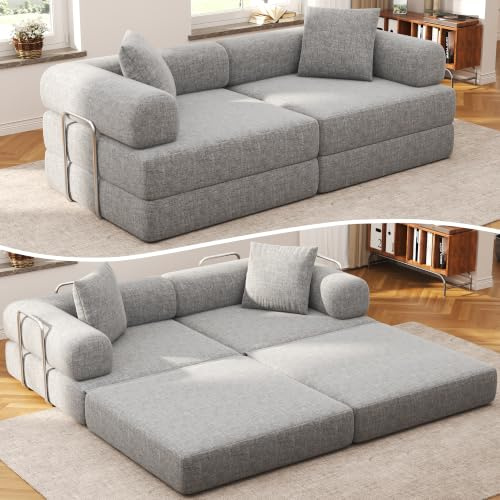 DURASPACE Schlafsofa Klappbar 200cm Breit,Faltbares Schlafcouch,Grau | Ausklappbare Couch zum Bodensofa, Vollschaumcouch Boneless mit Stahlgestell, Wohnzimmer, vakuumverpackt, Klappsofa