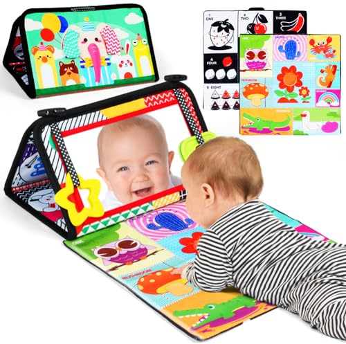 Aolso Baby Spiegel Mit Knisterbuch - Entwicklungsspielzeug 0-12 Monate, Faltbar, Schwarz-Weiß Wahrnehmungs-Lernspielzeug für Neugeborene - Geschenk