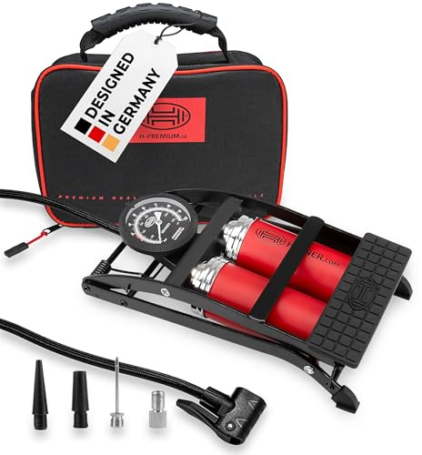 HEYNER® Fußluftpumpe mit Doppelzylinder & Manometer bis 10bar, BlackEdition | Fuß-Luft-Pumpe inkl. 65 cm Schlauch mit Schraubventil für Auto, Motorrad & Fahrrad-Ventil, 3 weitere Adapter, inkl. Tasche