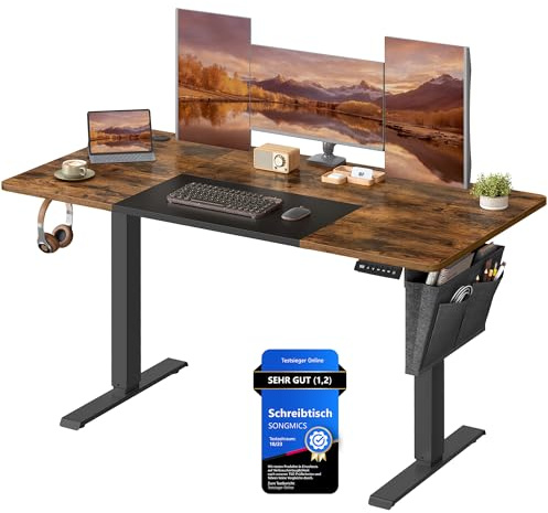 SONGMICS Höhenverstellbarer Schreibtisch elektrisch, 140 x 60 cm, stufenlos verstellbar, Memory-Funktion mit 4 Höhen, vintagebraun-tintenschwarz LSD016X01
