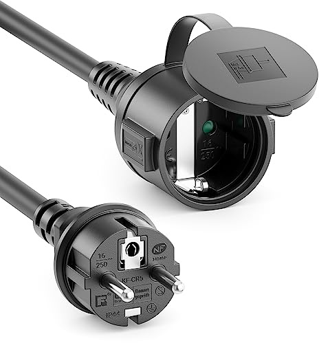 deleyCON 2m Outdoor Verlängerungskabel Stromkabel IP44 3G1.5mm² - Schwarz | H07RN-F, Strom Verlängerung, witterungsbeständiges Gummi-Kabel für Außenbereich, Schutzkontakt Stecker auf Buchse