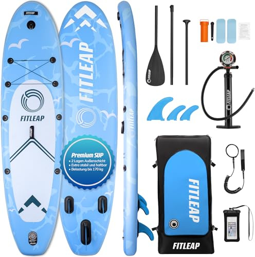 Fitleap Premium Stand Up Paddle Board aufblasbar - SUP Board Set mit Hochdruckpumpe, verstellbarem Paddel und Rucksack - Ideal für Anfänger und Profis - Perfekt für Yoga, Surfen und Wassersport
