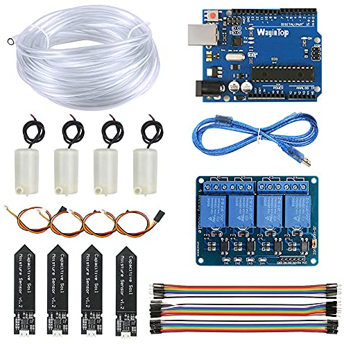 WayinTop Automatische Bewässerung Garten DIY Kit mit Tutorial, Entwicklungsboard mit USB Kabel + 4 Kanal 5 V Relais + 4pcs Bodenfeuchtesensor + 4pcs Mini Wasserpumpe + 5M PVC Schlauch + Jumper Wire