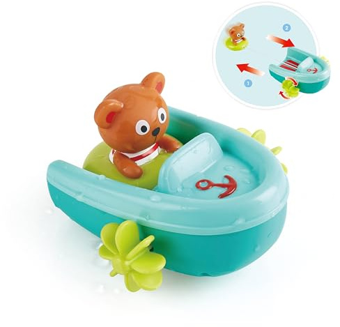 Hape Schlauchboot mit Rückziehmotor - Badewannenspielzeug, Pull-Back Boot und schwimmender Teddybär, Badespielzeug für Kleinkinder ab 18 Monaten