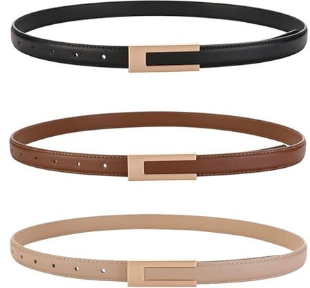 KEYRI 3er-Pack Schmaler Taillengürtel für Damen Ledergürtel Verstellbarer Dünner Gürtel Skinny Retro Taillengürtel Klassisch Dekorativen Gürtel für Jeans Hosen Kleider Mode (Schwarz+Braun+Khaki)