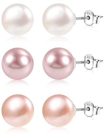 3 Paar Perlen Ohrstecker, Perlen Ohrringe 925 Sterling Silber für Damen Frauen Mädchen, SSüßwasserperlen Ohrstecke Ohrringe Set mit hypoallergenen Schlafen Knorpel Ohrstecke Klein (Weiß/Rosa/Lila)