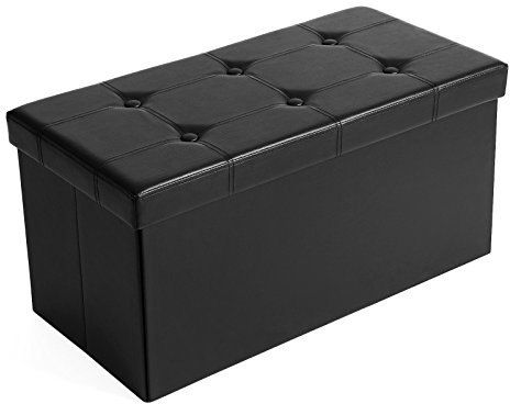 SONGMICS 76 cm Sitzbank mit Stauraum, Sitztruhe, Aufbewahrungsbox, Fußhocker, faltbar, gepolstert, Bezug aus Kunstleder, bis 300 kg belastbar, klassikschwarz LSF105, Schwarz