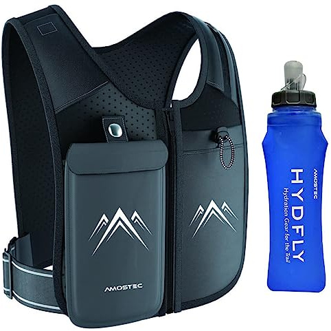 AMOSTEC Laufweste Handytasche Joggen Handyhalterung, Original Reflektorweste Laufgürtel mit Reißverschluss, 500ml Wasserflasche, Leicht & Wasserfest für Laufen, Fahrrad, Fitness, Herren & Damen