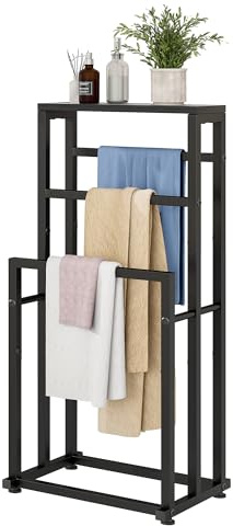 VERFARM Freistehender Handtuchhalter für Badezimmer, 3 Etagen, Metall, Deckenleiterhalter, Pool-Trocken- und Ausstellungsregal mit Ablage für Schlafzimmer, Wohnzimmer, Schwarz