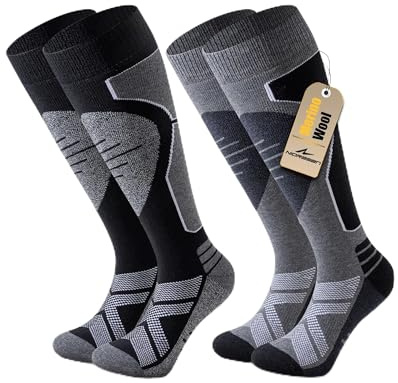 Niorasen 2 Paar Merino Skisocken Herren Damen, Thermo Snowboard Socken, Skistrümpfe mit Polsterung, Wärme Kniestrümpfe für Skifahren, Snowboarden, Outdoor Wintersport