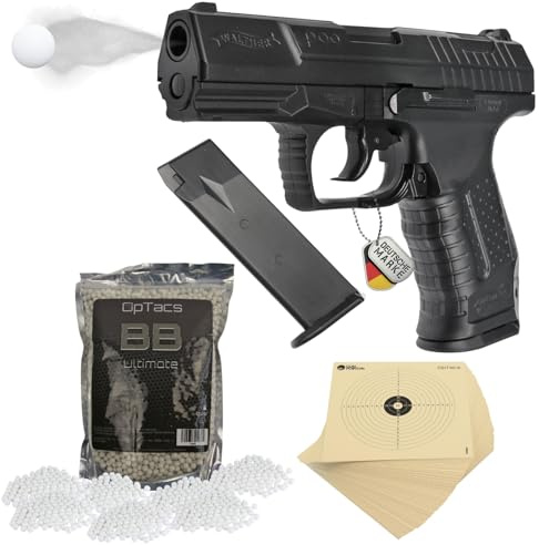 OpTacs Walther P99 Softair Pistole Federdruck 0,5 Joule Set – mit 50 Zielscheiben & 1.000 BB Kugeln 6 mm – präzises Einsteiger Airsoft Komplettset